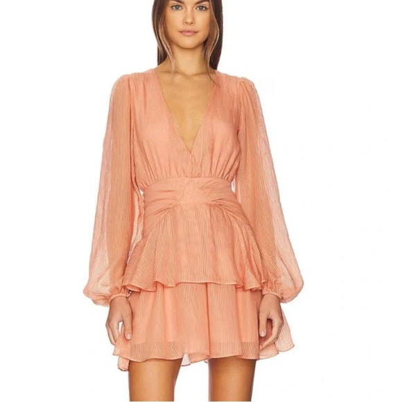 Revolve MINKPINK Tahlia Tiered Chiffon Mini Dress Terracotta SMALL Plung… - Picture 1 of 16